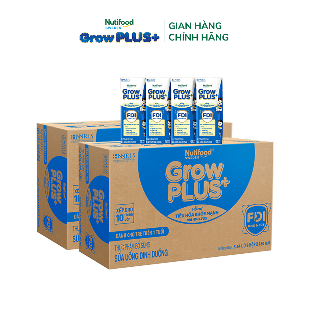 Combo 2 Sữa bột pha sẵn Nutifood Sweden GrowPLUS+ Tiêu Hóa (Xanh Nhạt) - Hỗ trợ tiêu hóa khỏe mạnh, bé tăng cân (48 hộpx180ml)