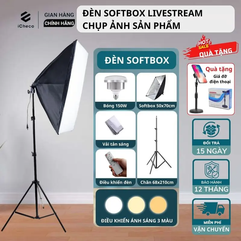  Đèn trợ sáng Livestream mịn Quay video sáng rõ Chụp ảnh sắc nét Lên màu cực chuẩn Softbox 50x70 iCheco SB01 