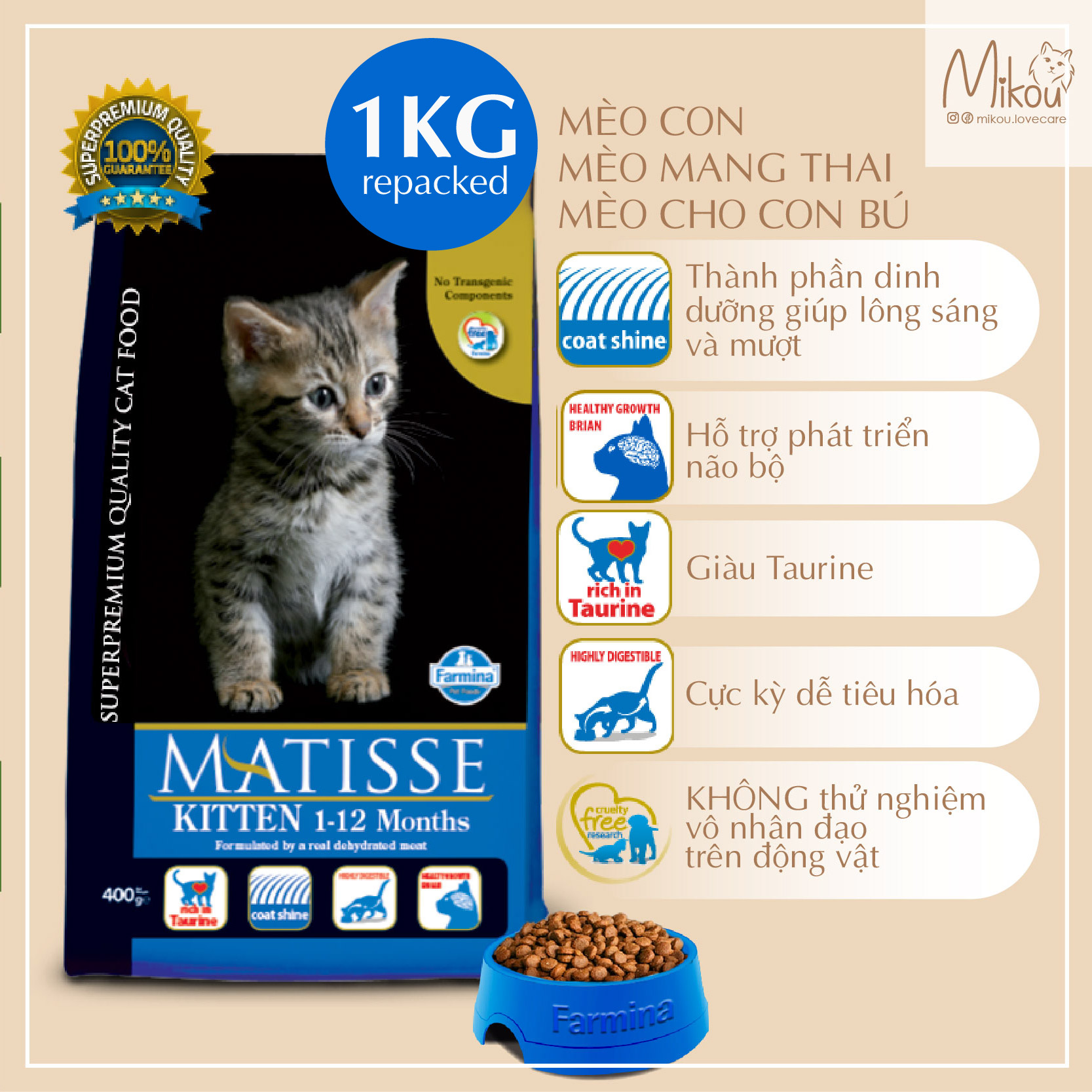 Thức ăn cho mèo con, mèo mang thai và cho con bú, hạt matisse cho mèo, Matisse, Kitten, Farmina, Mikou