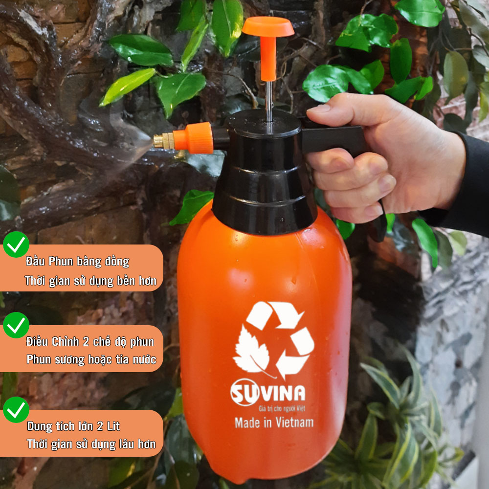 Bình Xịt Áp Suất SUVINA 2L Tưới Cây, Phun Hóa Chất, Van Đồng Điều Chỉnh Chế Độ Phun, Nhựa HDPE cao Cấp Siêu Bền
