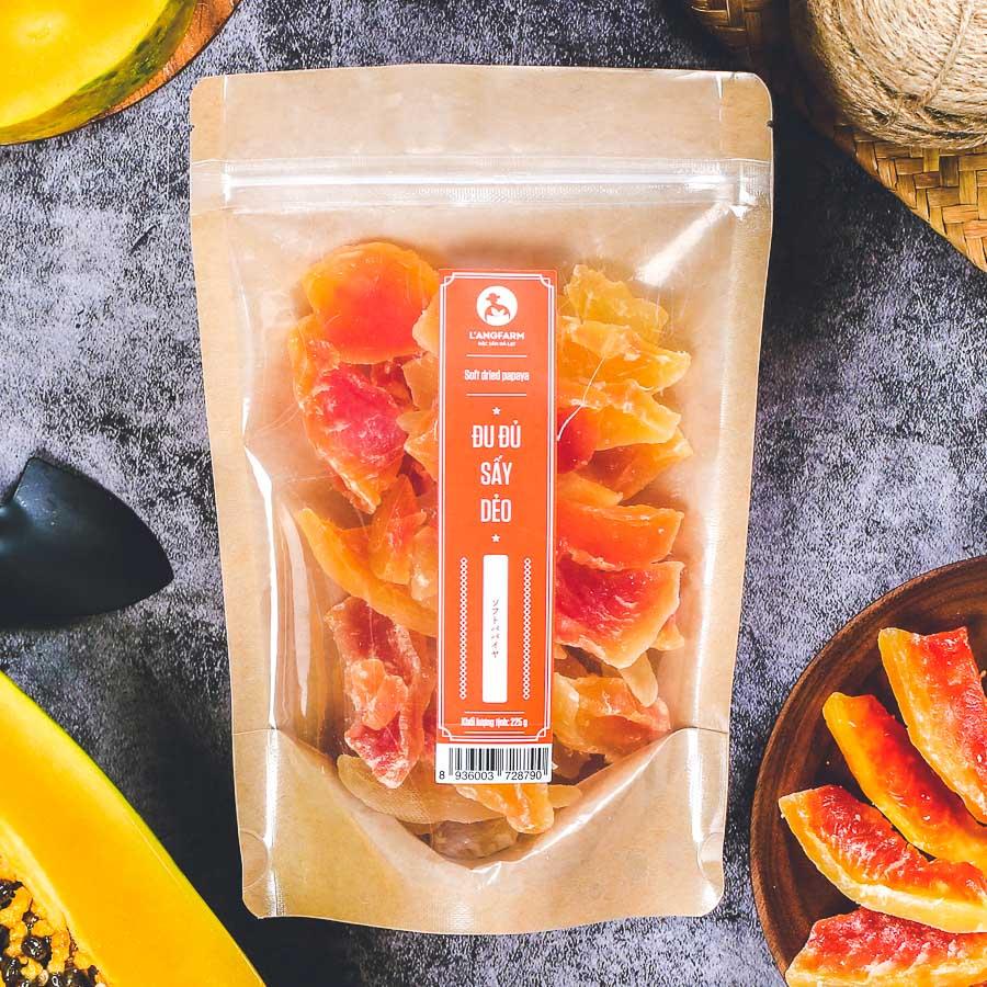 Đu đủ sấy dẻo l'angfarm - đặc sản đà lạt 225g/bịch, mẫu kraft 1 mặt trong