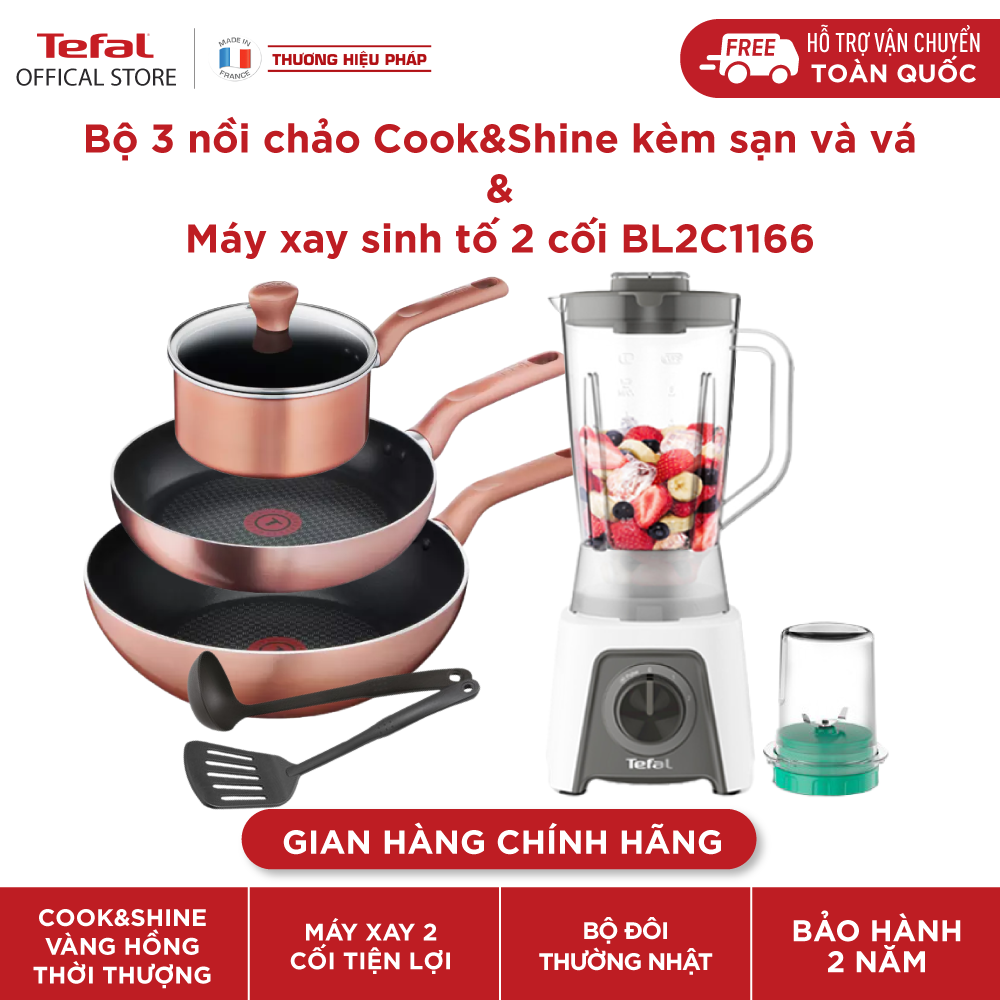 Bộ đôi máy xay sinh tố tefal bl2c1166 1.5l + bộ nồi chảo tefal cook & shine - gian hàng chính hãng bảo hành 2 năm-bcs3bl2