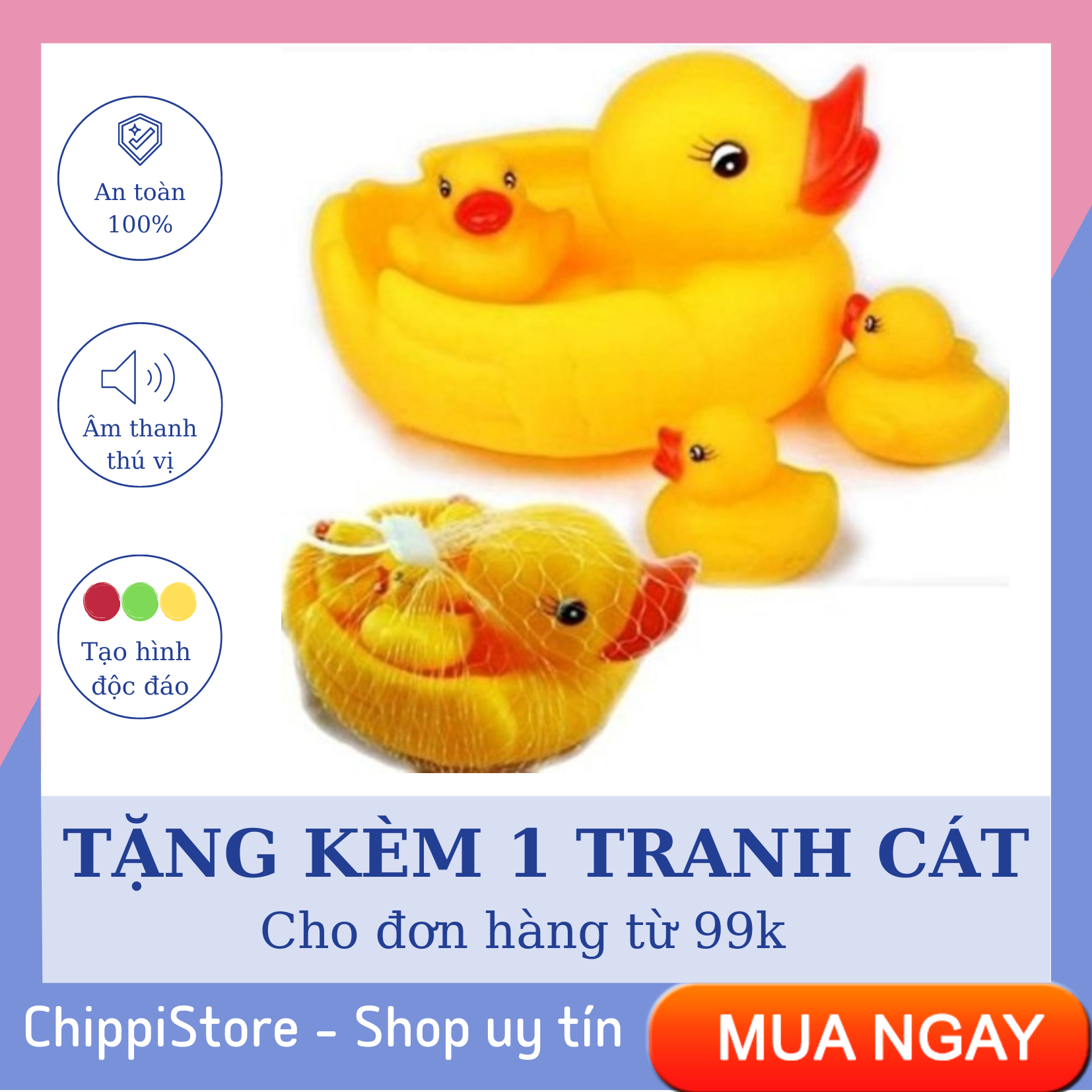 Đồ chơi đàn vịt mẹ con thả bồn tắm, có tiếng kêu cho bé, đàn vịt 1 vịt mẹ 3 vịt con kêu chít chít