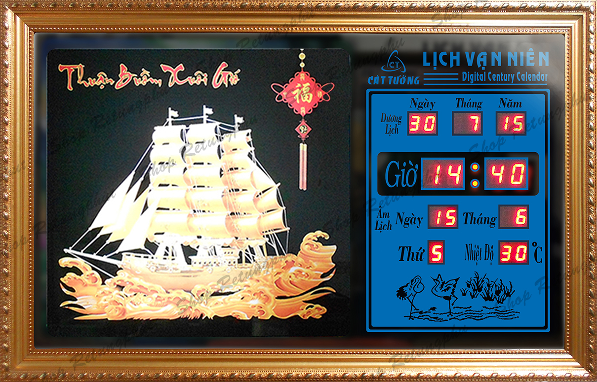 Đồng hồ Lịch Vạn Niên điện tử - Thuyền Vàng 55406 (KT 55x35x7cm)_Có 2 loại (không Remote Đèn và Có Remote Đèn)