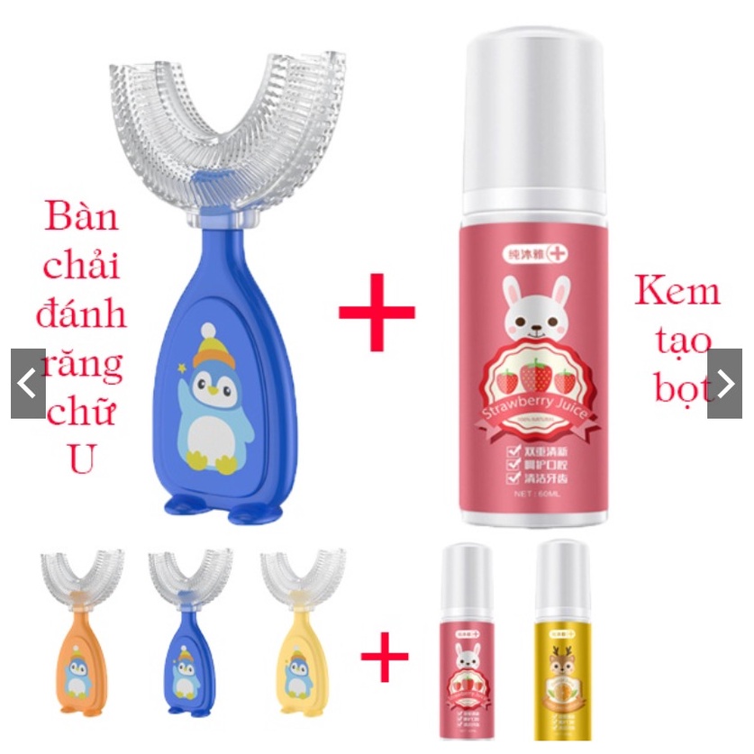 Combo bàn chải đánh răng cho bé chữ U silicon và kem đánh răng nuốt được cho bé tạo bọt hương dâu thơm ngát VINKID
