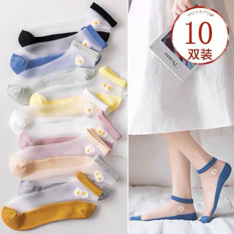 Set 10 đôi tất/vớ ren lụa hoa cúc, tất/vớ nữ cổ ngắn hoa cúc cotton thấm hút mồ hôi, thông thoáng - Tất vớ nữ ren hoa cúc mềm mại, tất nữ cổ ngắn - tất ren hoa cúc