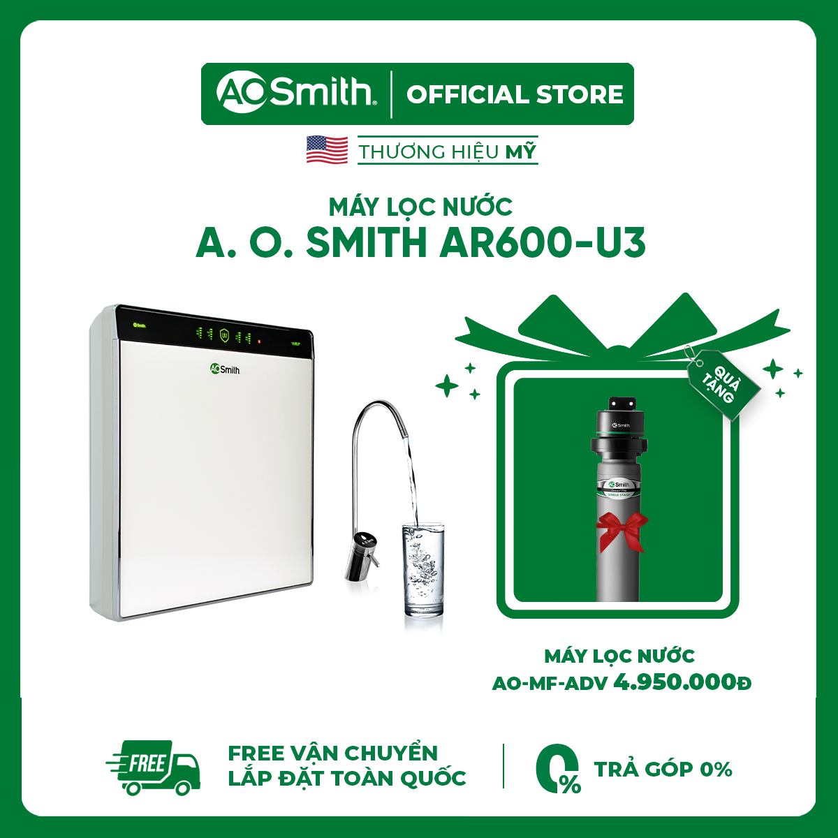 [Trả góp 0%]Máy Lọc Nước A. O. Smith AR600-U3 - Tặng Máy Lọc Nước Micro Filter AO-MF-ADV - Đèn UV Diệt Khuẩn - Không Bình Chứa Công Suất Lọc 94 lít/h - Thương Hiệu Mỹ - Free Shipping