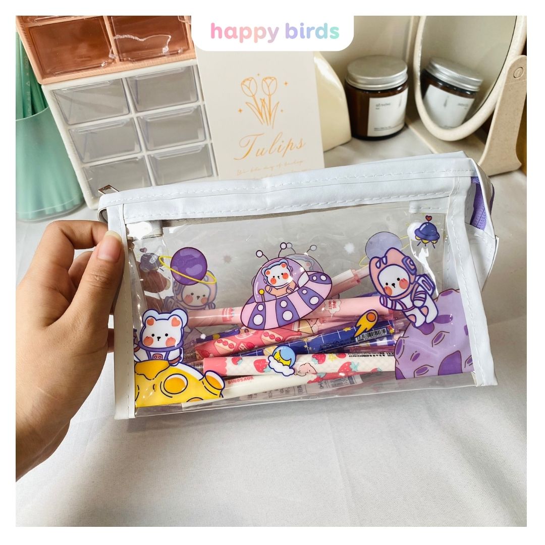 Túi đựng bút hộp bút trong suốt túi bút hoạt hình dễ thương túi bút đựng đồ tiện dụng phong cách Hàn Quốc Happy Birds
