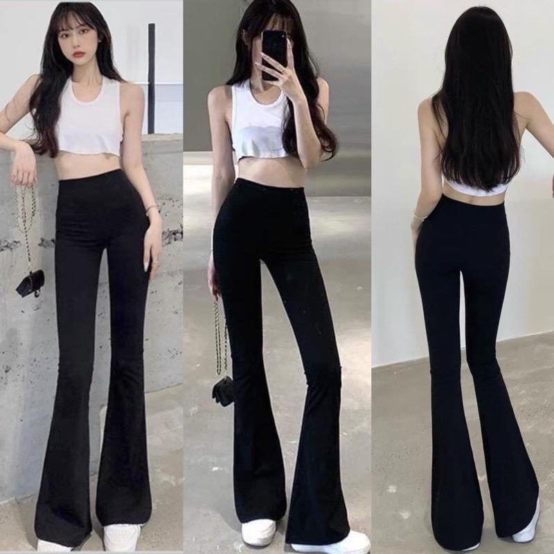 Quần ống loe nữ EMIX (màu đen), basic trousers, dáng dài, cạp cao, lưng chun, ống loe, vải thun co giãn Q881