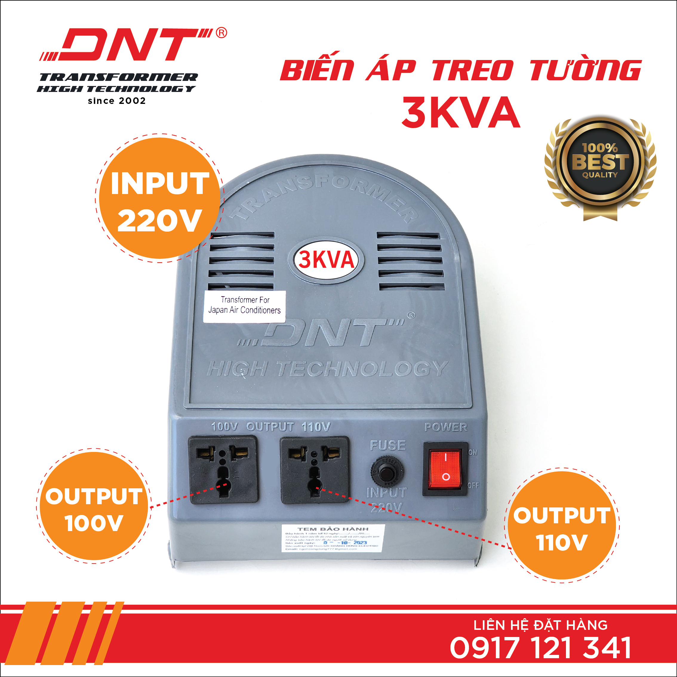 Biến áp dnt 3kva treo tường 220v ra 100v110v
