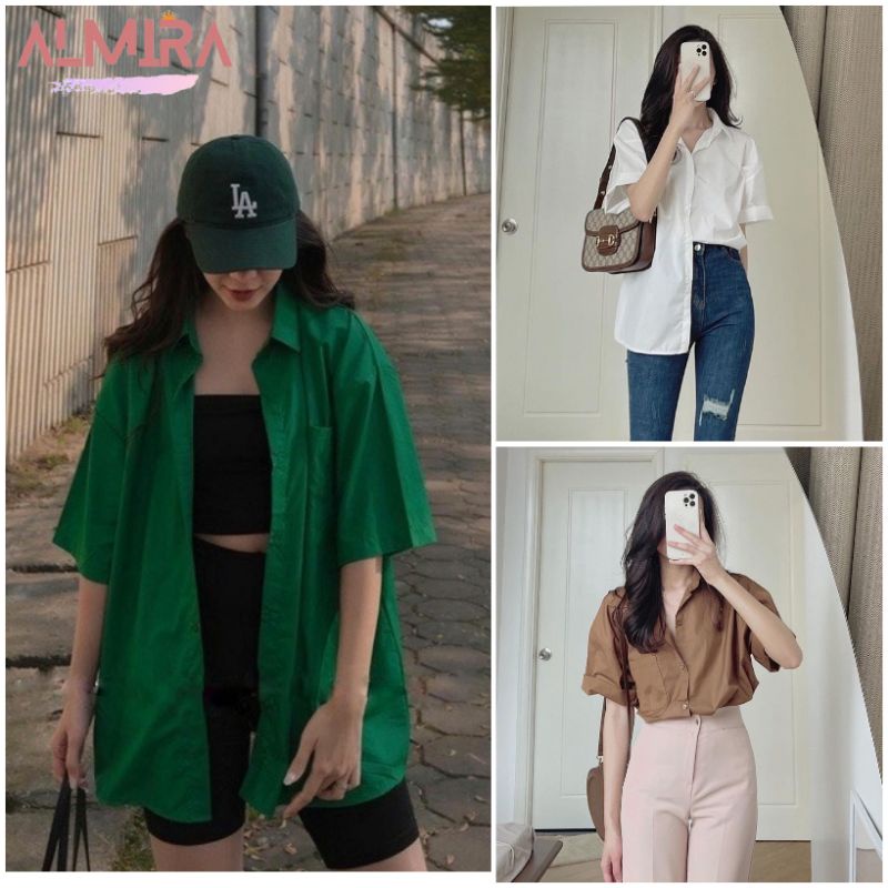 Áo sơ mi thụng chất đũi pha tay ngắn nhiều màu, áo sơ mi màu xanh hottrend