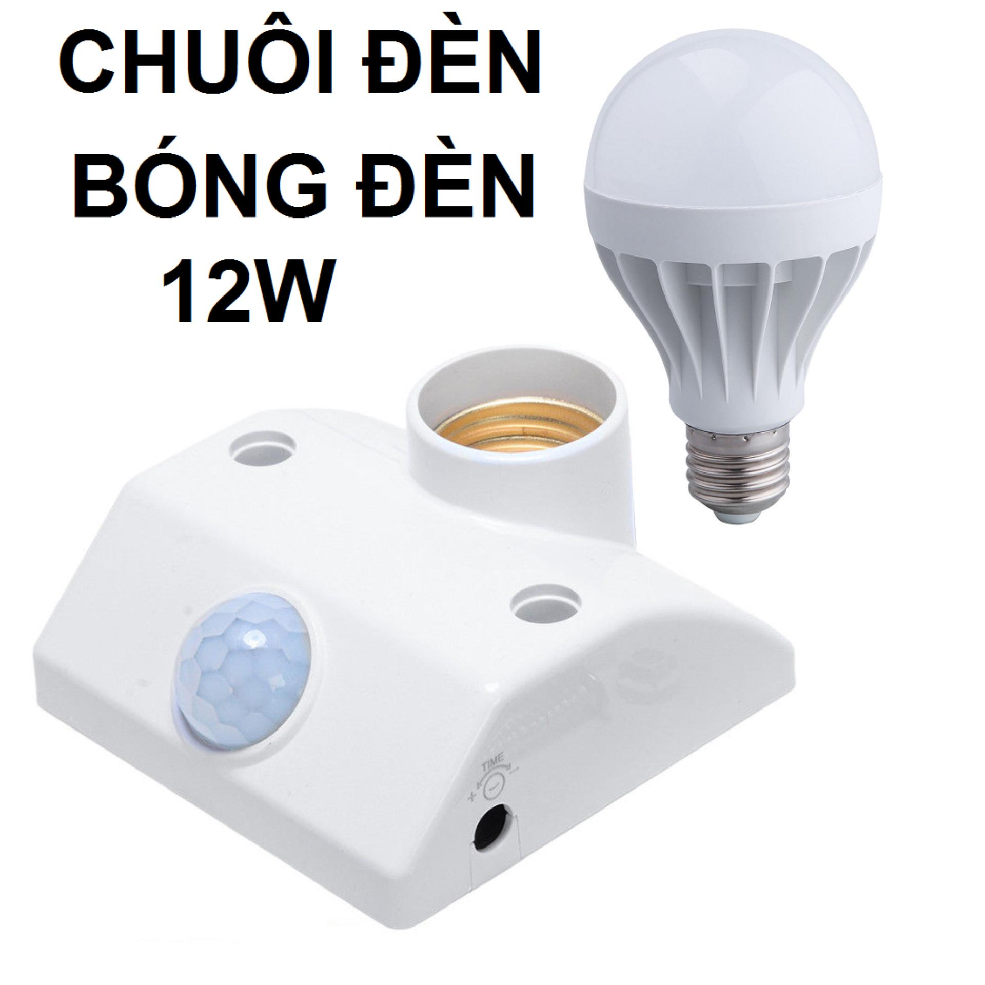 Bộ đèn LED tròn Siêu tiết kiệm 12W + chuôi đèn cảm biến hồng ngoại