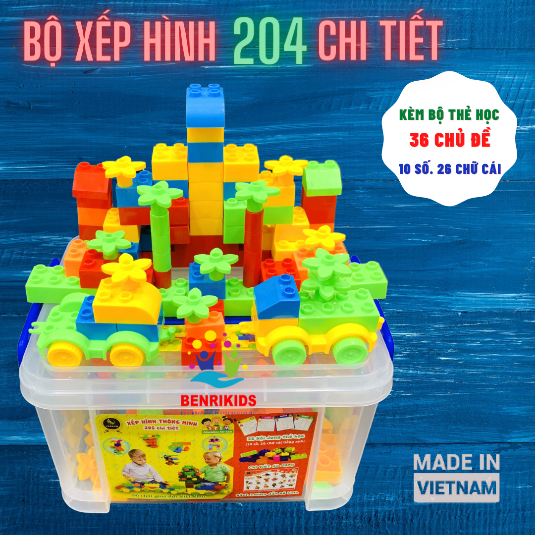 [Có Sách Hướng Dẫn Lắp Ghép] Bộ Xếp Hình Lắp Ghép 204 Chi Tiết Tặng Kèm Bộ Thẻ Học Chữ Cái 36 Nội Dung, Hộp Đựng Loại Lớn Có Quai Cầm Tiện Lợi, Đồ Chơi Xếp Hình Hàng Việt Nam An Toàn Cho Bé