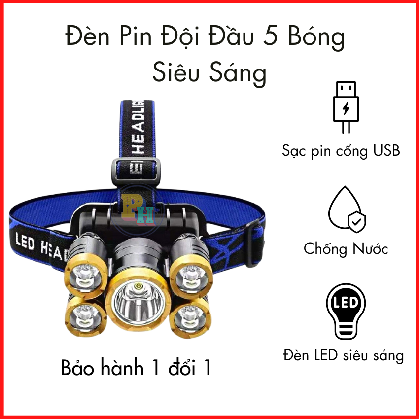 Đèn pin đội đầu 5 bóng siêu sáng chống nước kèm sạc, bóng đèn 5 mắt đèn siêu sáng kèm dây sạc pin , bảo hành 6 tháng
