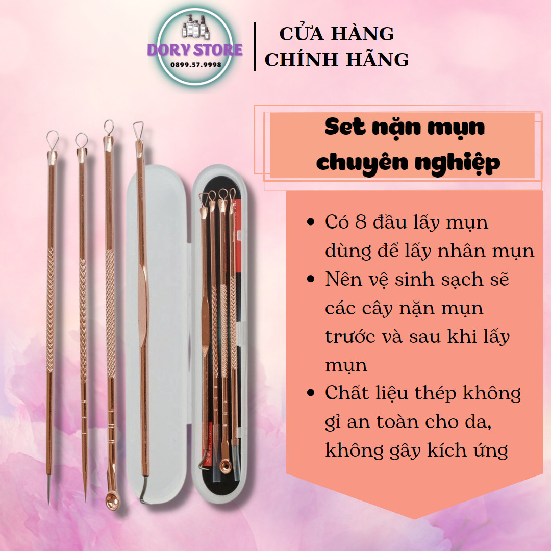 Cây nặn mụn 4 món , bộ nặn mụn kim loại chuyên nghiệp dùng trong spa , cây chọc mụn , cây nặn mụn , kim nặn mụn 4 món
