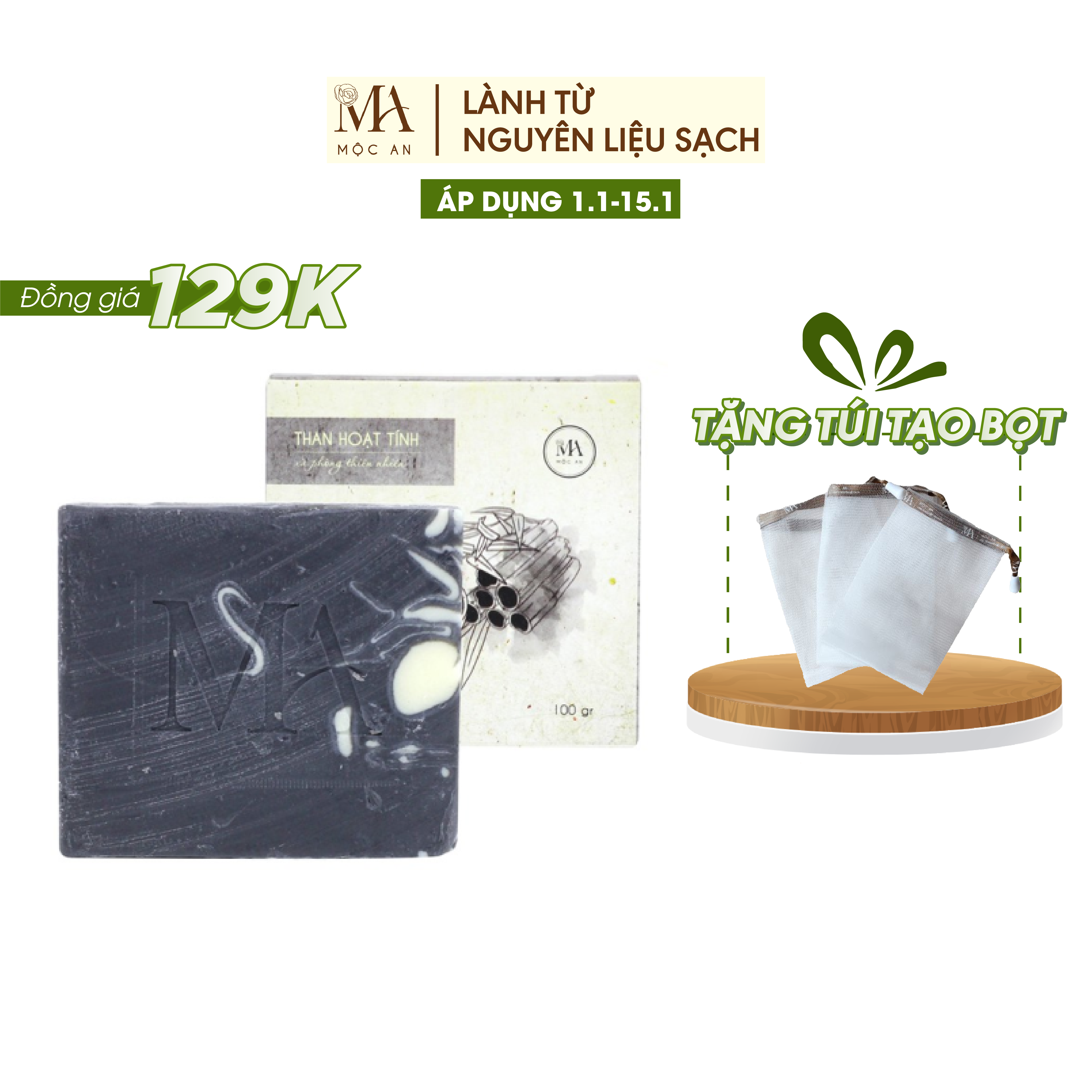 Xà Bông Thiên Nhiên Mộc An Than Hoạt Tính Chăm Sóc Face & Body - Làm Sạch Sâu, Giảm Mụn Ẩn 100g