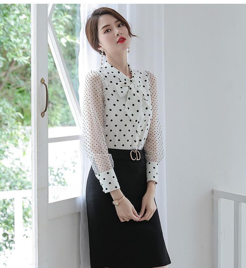 ÁO SƠ MI NỮ CHẤM BI TAY PHỐI LƯỚI CAO CẤP