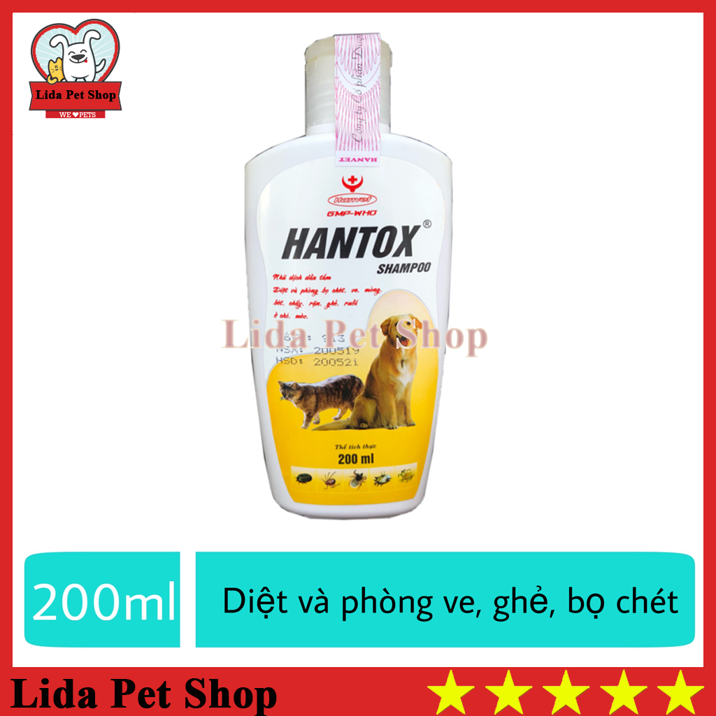 HN- Sữa tắm sạch ve ghẻ bọ chét chó mèo Hantox Shampoo Vàng - Chai 200ml - Lida Pet Shop