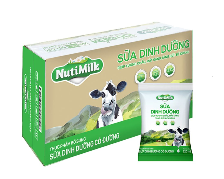 [Hoàn tiền 12%] Thùng 48 bịch NutiMilk Sữa tươi - Sữa tươi tiệt trùng Có đường Bịch 220ml