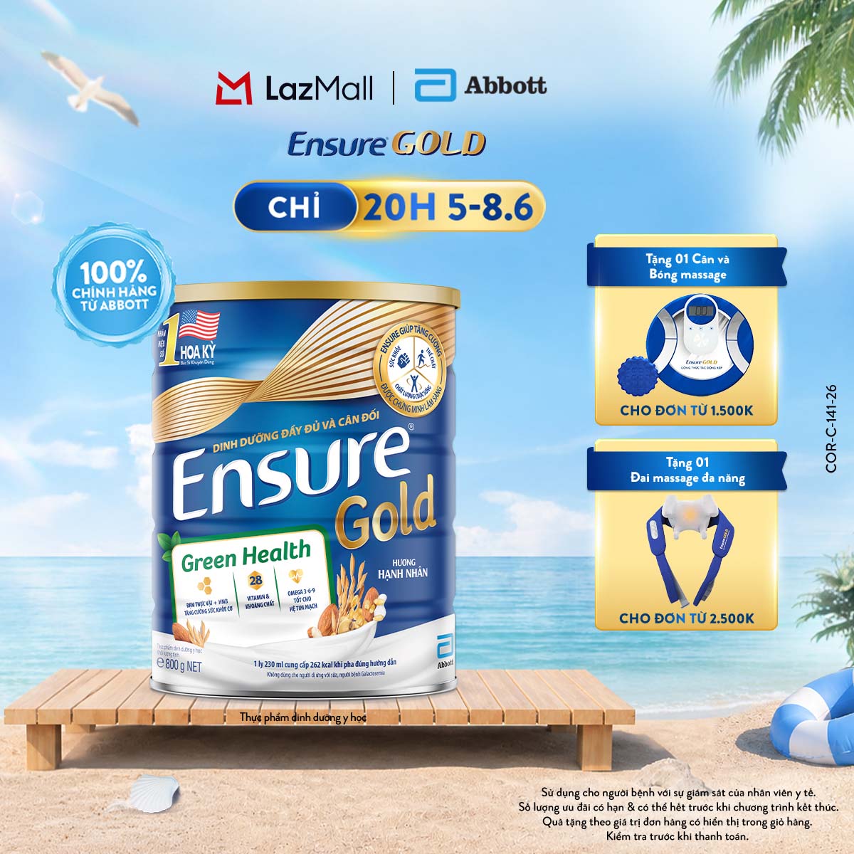 [CHỈ 20H 05-08.06 QUÀ TẶNG CHO ĐH 1500K/2500K-SLCH] Lon sữa bột Ensure Gold Green Health 800g