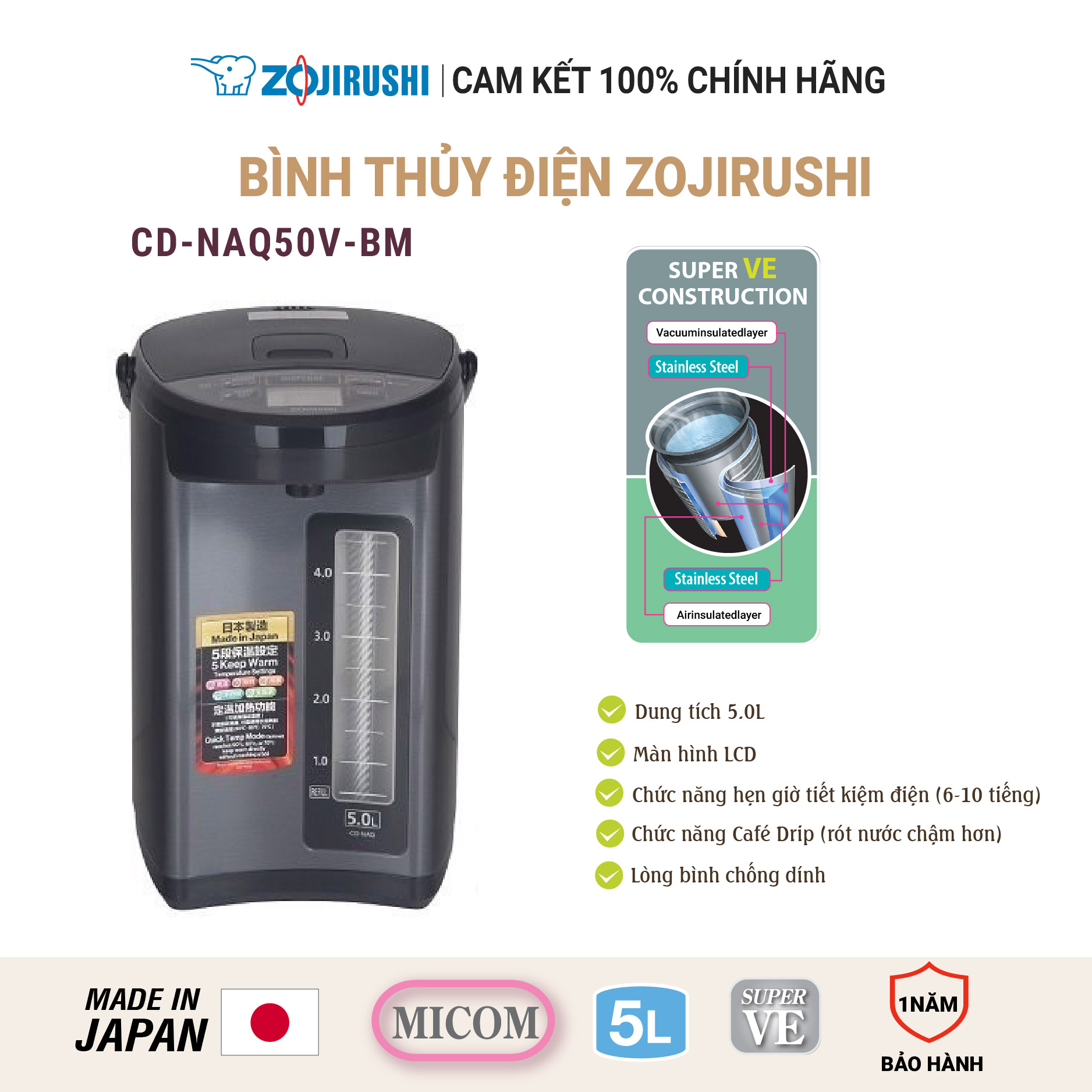 Bình thủy điện Zojirushi CD-NAQ50V-BM dung tích 5L, sản xuất tại Nhật, bảo hành giữ nhiệt 1 năm chính hãng