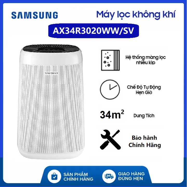 (BẢO HÀNH CHÍNH HÃNG SAMSUNG 12 THÁNG) - Máy lọc không khí Samsung AX34R3020WW/SV 34m2 Màng lọc HEPA - Vận hành êm ái yên lặng với chế độ Ngủ thông minh loại bỏ 9997% các loại bụi siêu mịn PM 2.5 -  thegioisilevip