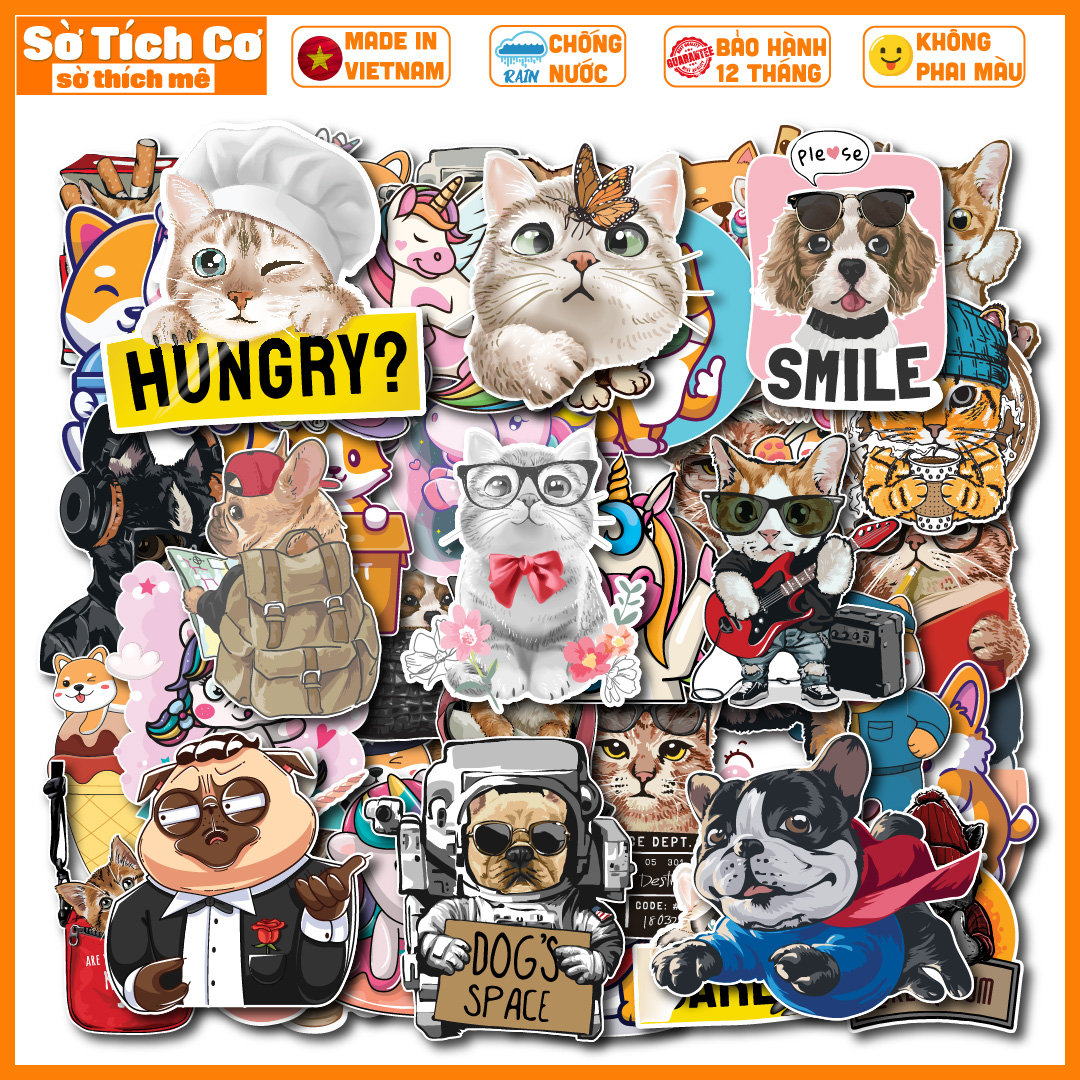 Bộ 50 Sticker Cool Animal chống nước sticker dán laptop, điện thoại, đàn guitar, mũ bảo hiểm, vali. MSP: NS08