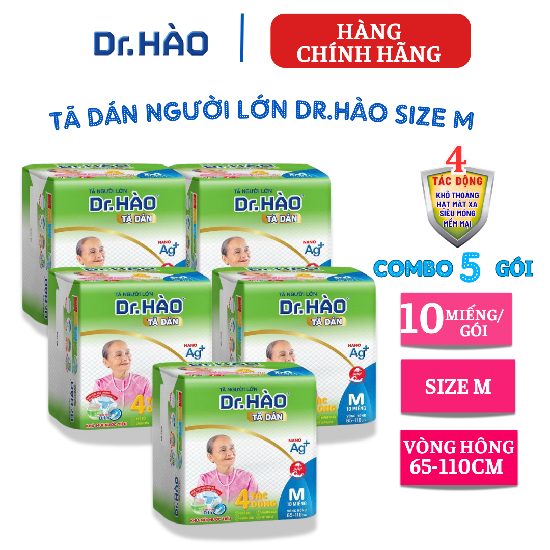 {Hàng chính hãng} Tã dán người lớn DRHAO size M 10 miếng (Combo 5 gói) , Tả người già siêu thấm, khô thoáng,  kháng khuẩn, khử mùi, chống hăm, bỉm người bệnh hàng chính hãng