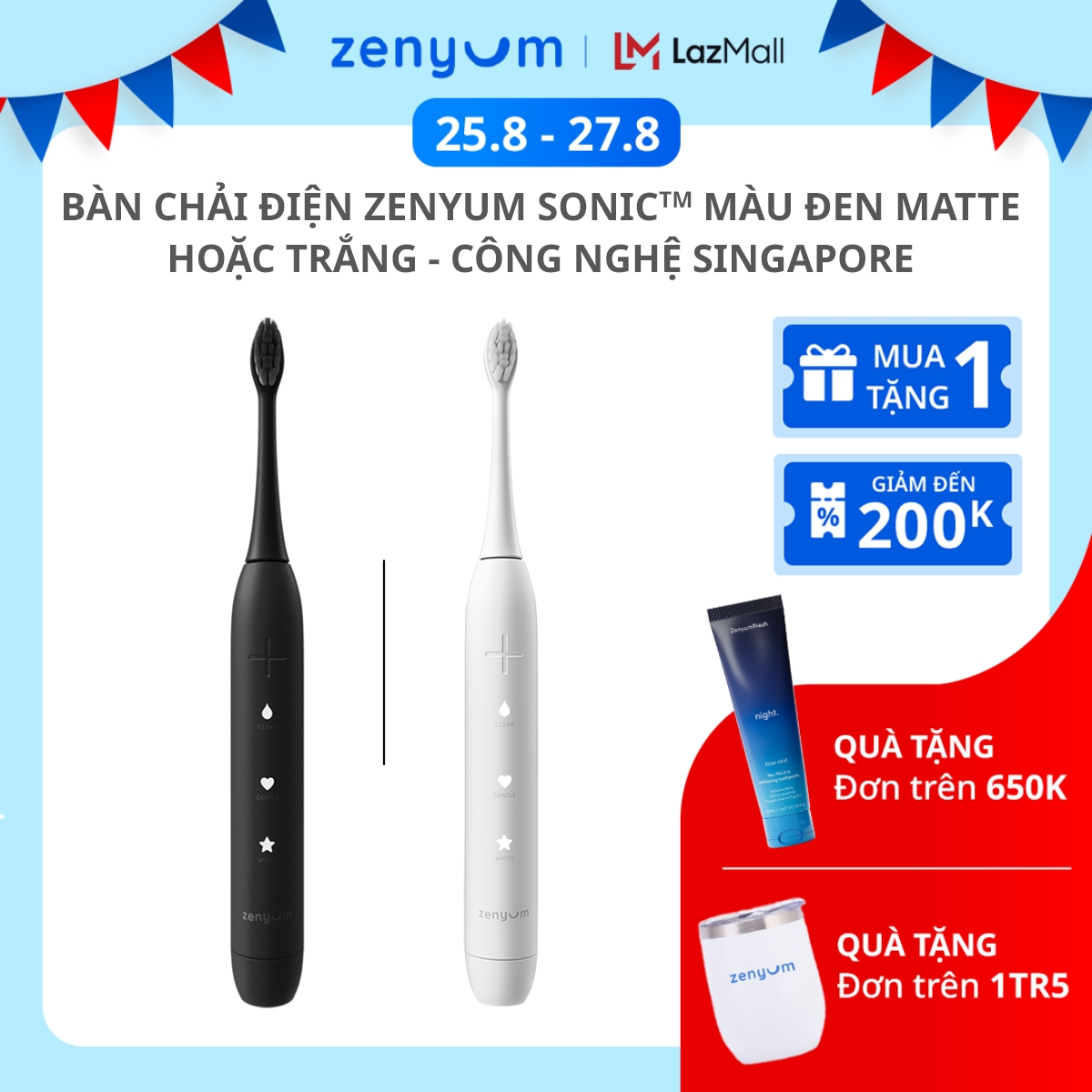 Bàn Chải Điện Zenyum Sonic Màu Đen Matte Hoặc Trắng - Công Nghệ Singapore
