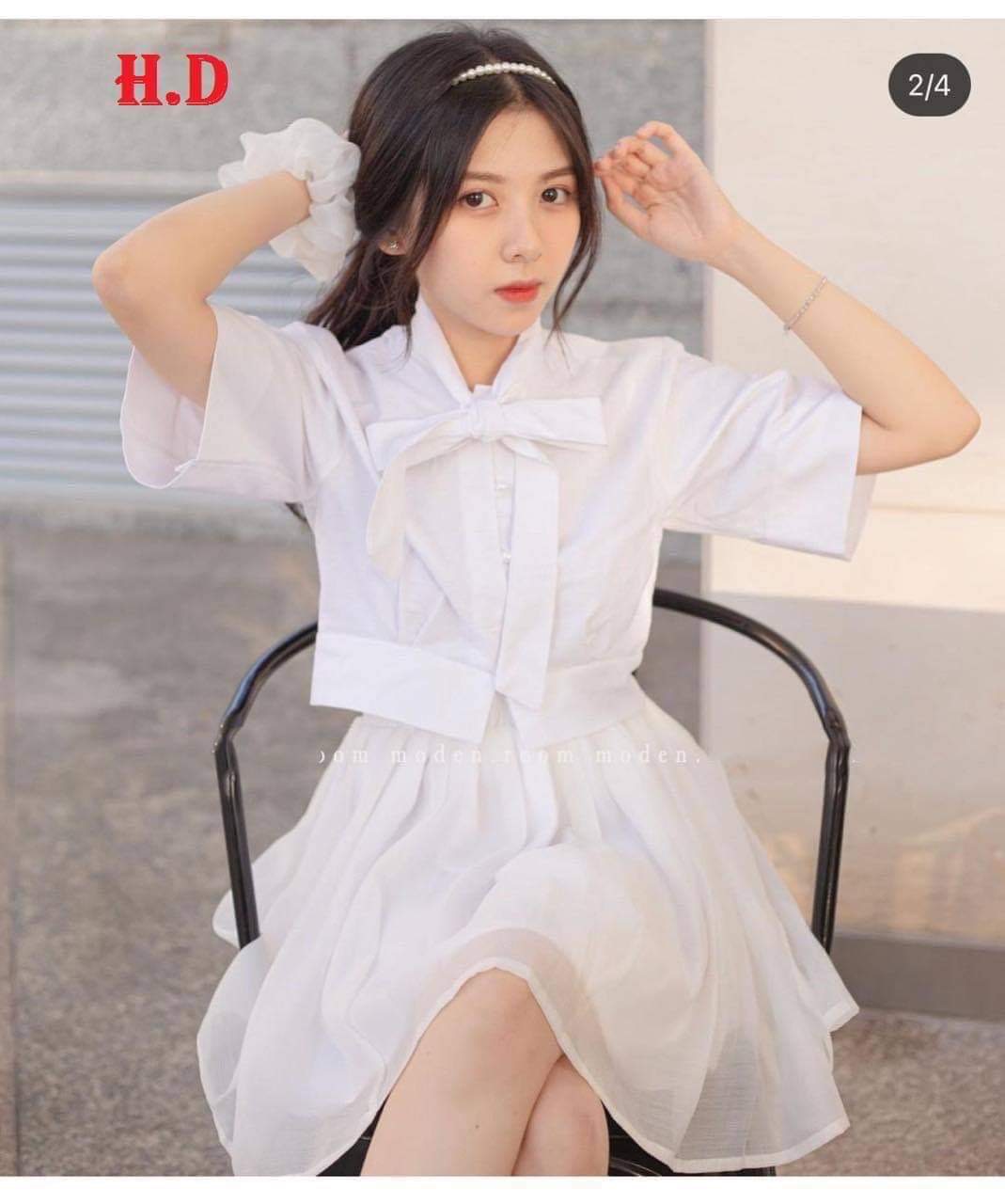 Sét váy áo croptop buộc nơ mix chân váy 2 lớp