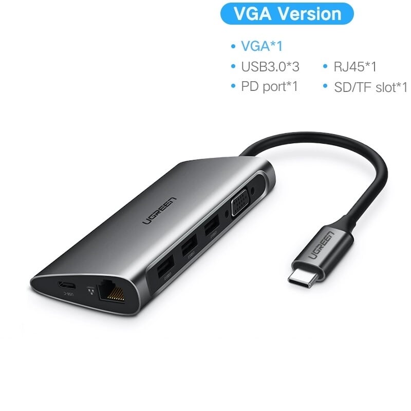 Ugreen 50539 bộ chuyển đổi type c sang 3 usb 3.0 + vga + lan + sd tf + hỗ trợ nguồn type c cm179