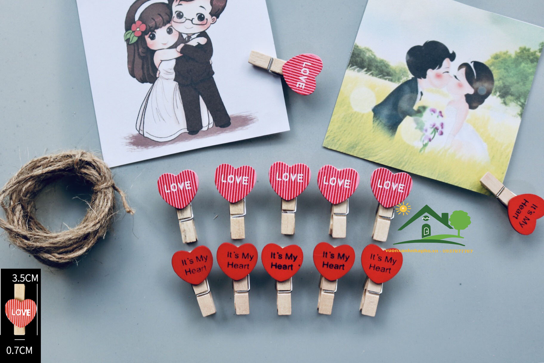 Bộ 10 kẹp gỗ trái tim love treo hình lãng mạn tặng 2 mét dây thường size 3.5x0.7cm