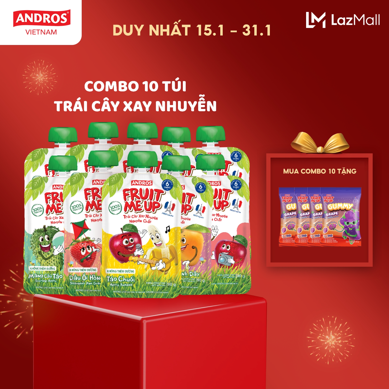 Combo 10 Túi Trái Cây Xay Nhuyễn Nguyên Chất - 100% trái cây thật - ANDROS FRUIT ME UP - 90gx10