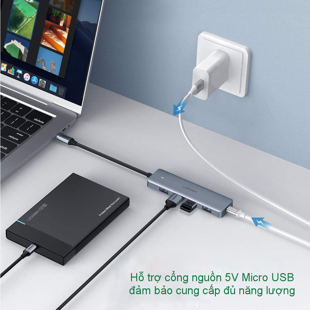 Hub chuyển đổi USB / USB type C sang 4 cổng USB 3.0 UGREEN CM219 CM136 - Hỗ trợ cổng nguồn Micro USB, tốc độ truyền tải tối đa 5Gbps Hub chuyển đổi USB / USB type C sang 4 cổng USB 3.0 UGREEN CM219 CM136 - Hỗ trợ cổng nguồn Micro USB, tốc độ truyền tải tối đa 5Gbps