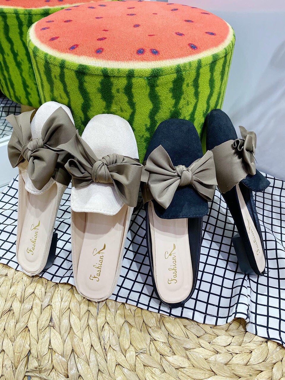 Dép sục nữ da lộn mũi vuông đính nơ lụa xinh xắn - dép sục nữ nơ lụa mũi vuông da lộn sang chảnh