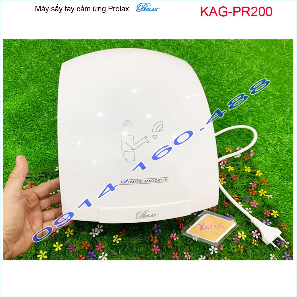 Máy sấy tay cảm ứng Prolax Thailand KAG-PR200, Máy sấy làm khô tay nhanh hình bầu hộp nhựa trắng công suất 2000W thổi mạnh