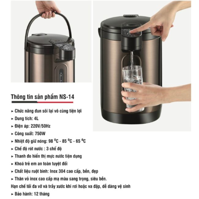 Bình Thủy Điện Natoshi NS-14, bình thủy điện cao cấp, hàng chính hãng, bảo hành 12 tháng