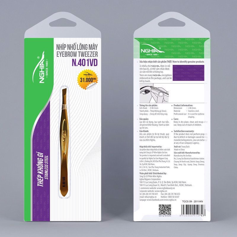 Nhíp Nhổ Lông Mày N401VD Kềm Nghĩa (Vàng)- Không bị đứt lông mày, đầu nhíp khít - coca shop