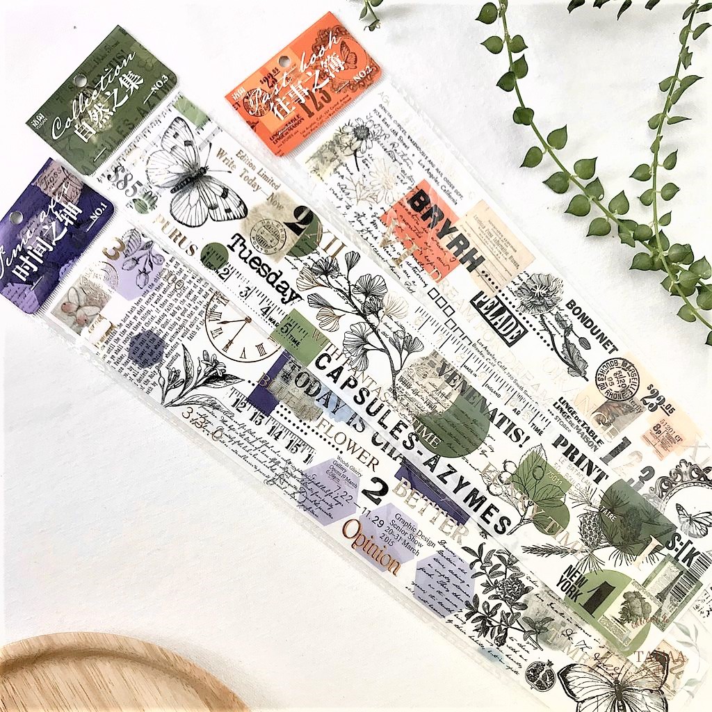 Sticker vintage hoa lá, chữ và bướm retro xanh lá, xanh dương, cam