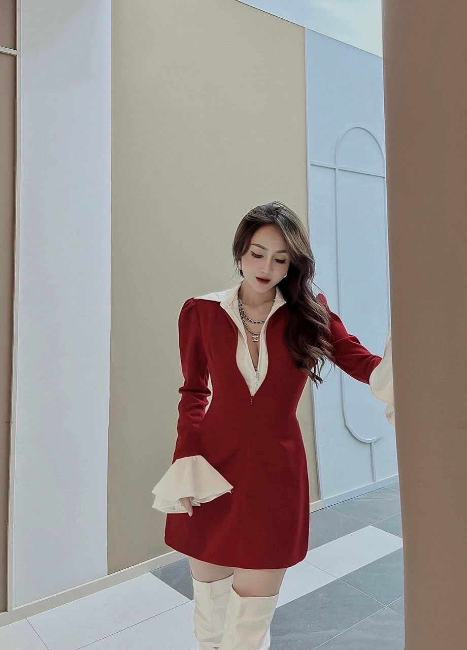 Đầm phối cổ sơ mi tay dài xòe sang chảnh