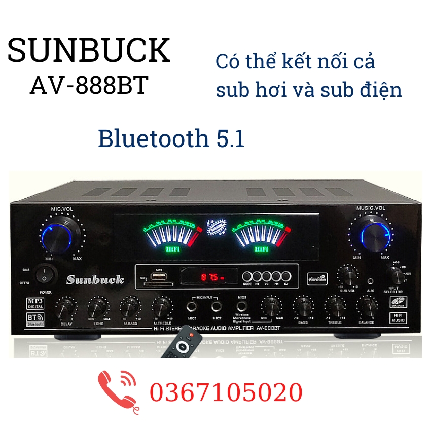 Ampli , amply, âm ly, amly bluetooth karaoke Sunbuck AV-888BT - Hàng chính hãng - Bảo hành 12 tháng - Bộ khuếch đại công suất thực 800W, màn hình hiển thị kép Hifi, hỗ trợ kết nối loa sub hơi và sub điện