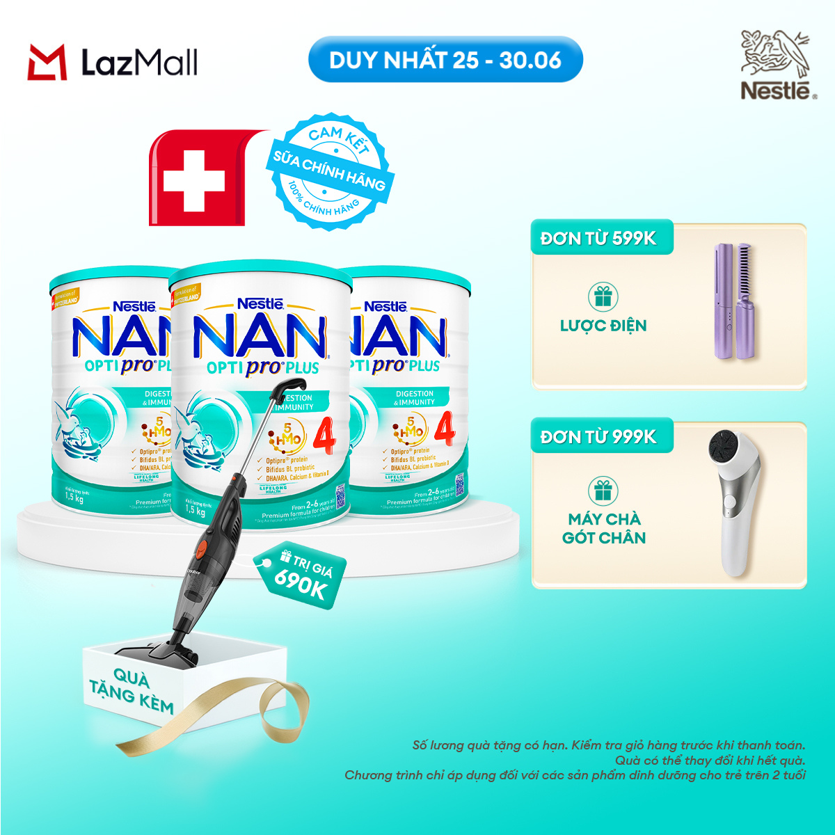 [Chỉ 25-30.06 QT Đơn 599K/999K][Tặng Máy hút bụi cầm tay Gaabor] Bộ 3 lon Sữa Bột Nestlé NAN OPTIPRO PLUS 4 1500g Cho Bé 2 - 6 Tuổi: Công Thức Độc Quyền Nhập Khẩu Từ Thụy Sỹ, Chứa Phức Hợp 5-HMO