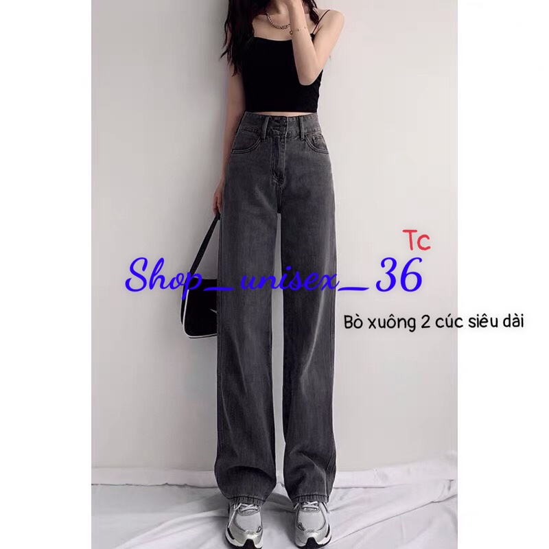 Quần Jeans Bò ống Rộng Nữ 2 Cúc Xanh & Khói