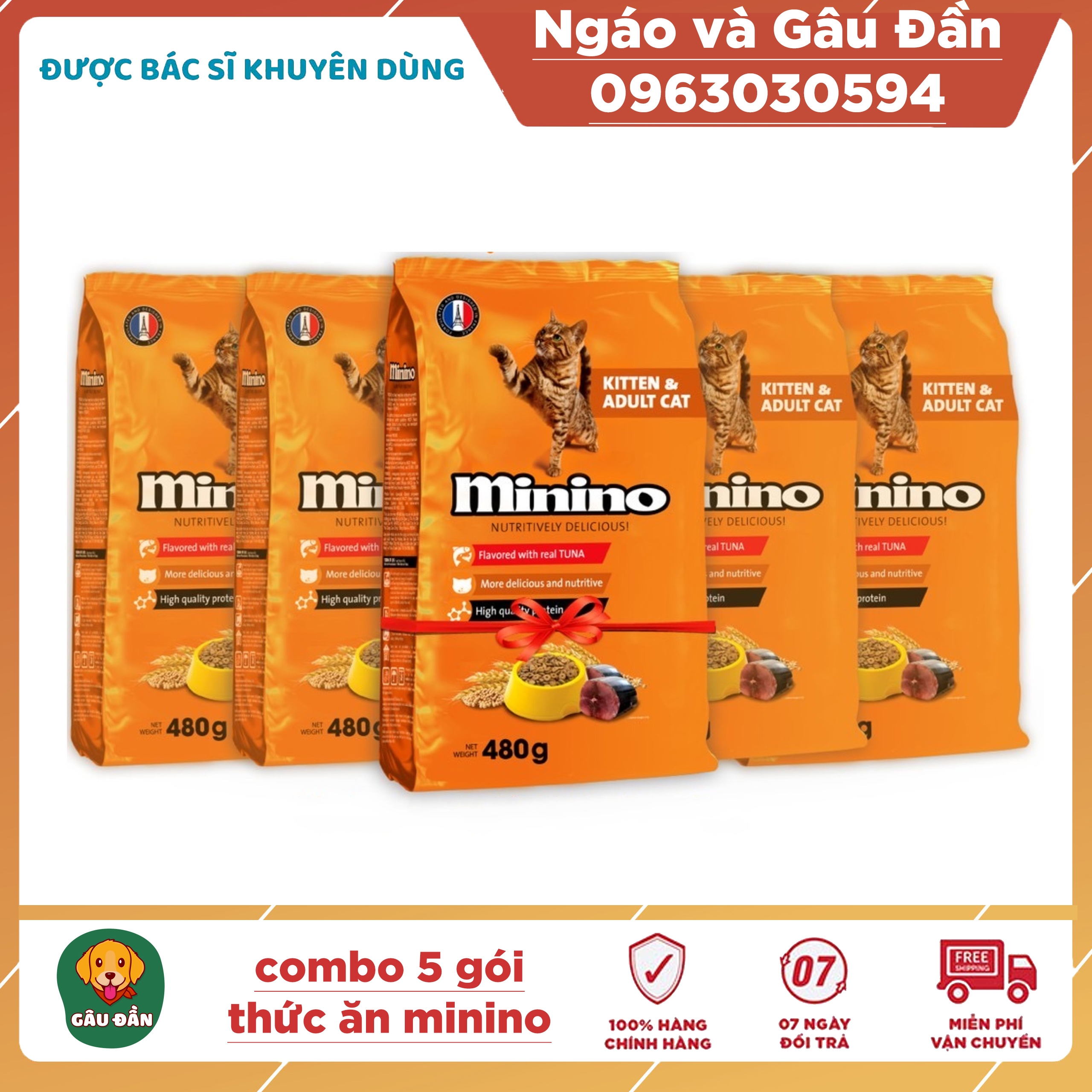(COMBO 5) Thức ăn vị cá ngừ dành cho mèo mọi lứa tuổi - thức ăn cho mèo minino 480g