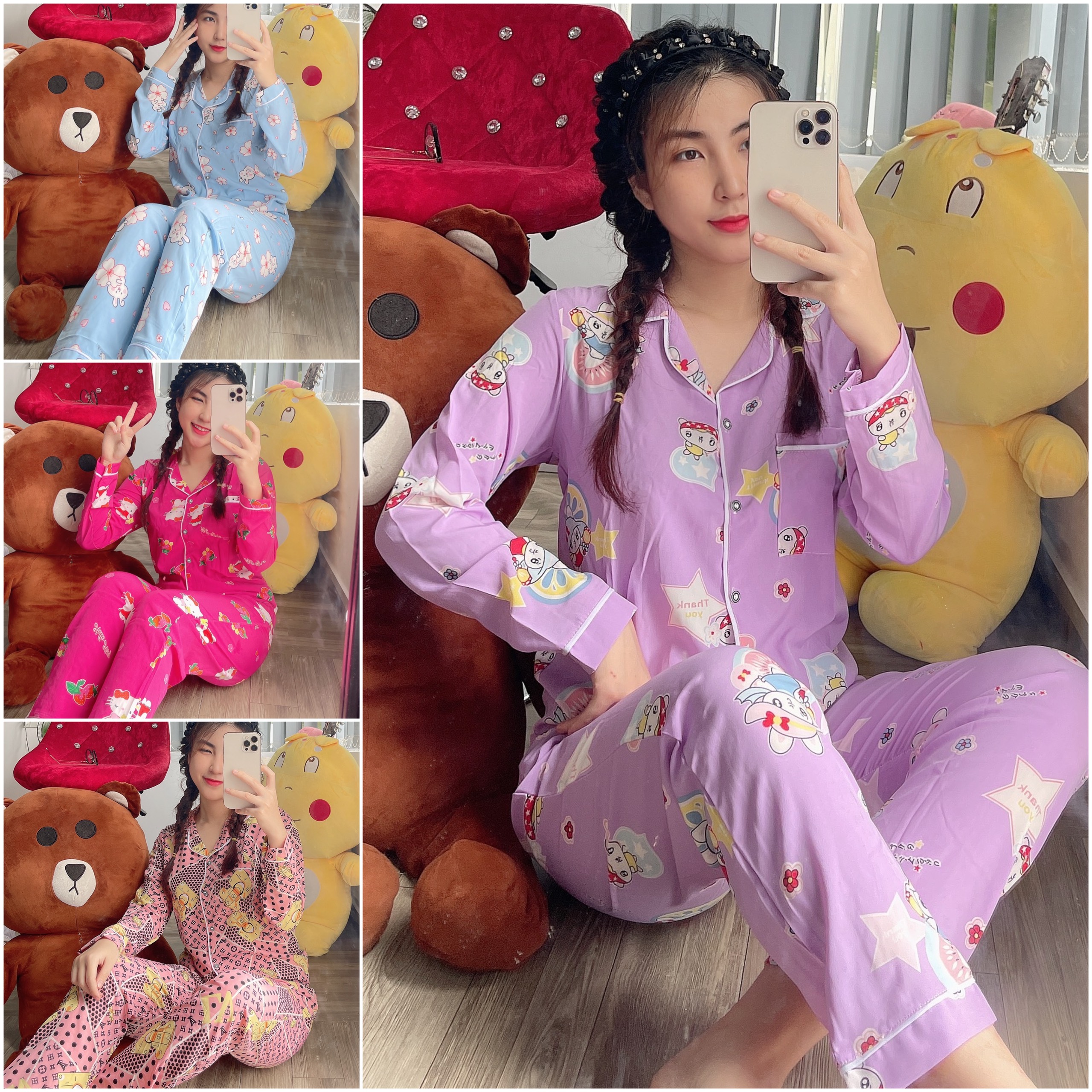 [43kg-58kg]Pijama Tay Dài Có Túi Nhiều Mẫu Siêu Xinh, Đồ Bộ Pijama Tay Dài Quần Dài Vải Lụa Hàn Bao Mát Xịn Mịn Đẹp Size Dưới 60kg