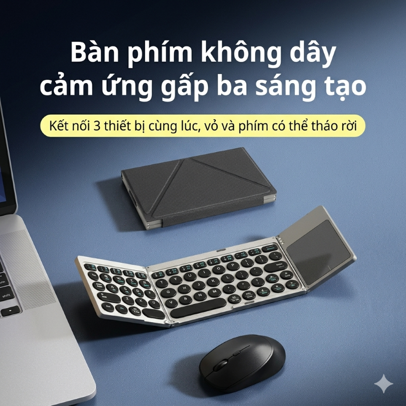 Bàn phím Gấp gọn mini không dây Bluetooth KF68 có touchpad và bao da giá đỡ - pin sạc TypeC cho PC Laptop điện thoại