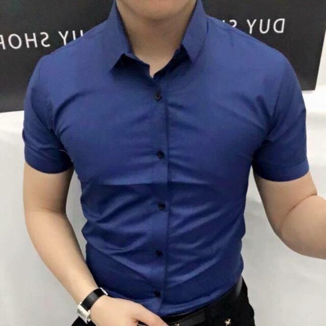Áo Sơ Mi Nam Cộc Tay Xanh Than Dáng Body Hàn Quốc Không Nhăn, Áo Sơ Mi Nam Ngắn Tay Xanh Than