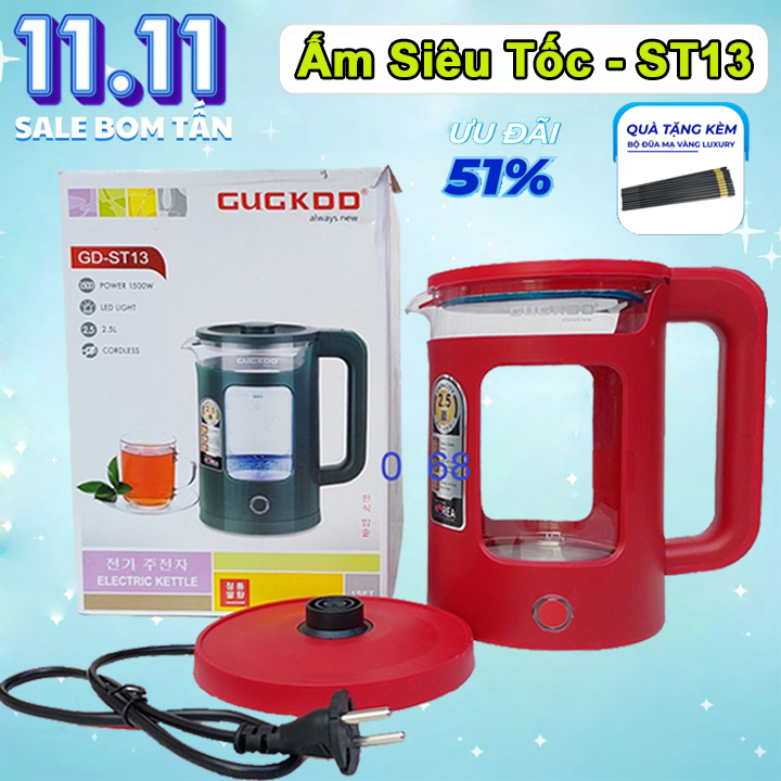 Ấm đun nước siêu tốc - ấm siêu tốc thủy tinh cao cấp 2.0L GUGKDD-ST13, 1500w tự động ngắt khi sôi - bình siêu tốc trong suốt, cường lực, đèn led, tự ngắt khi sôi