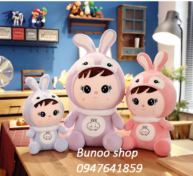 Gấu bông búp bê tai thỏ 28-35-55cm 2 màu tím, hồng ib chọn màu Bunoo shop