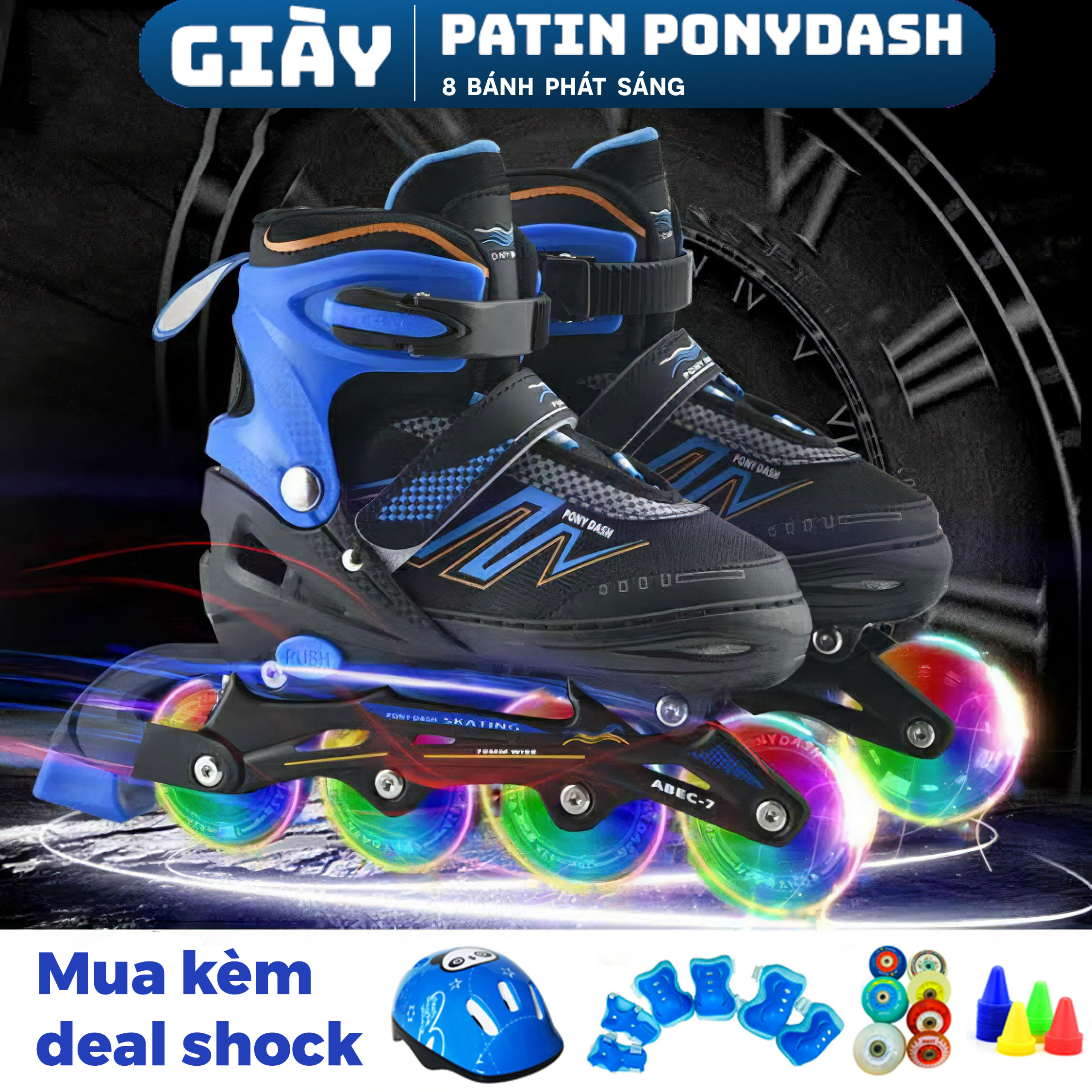 Giày trượt patin Pony Dash 8 bánh phát sáng full flash có thể điều chỉnh to nhỏ